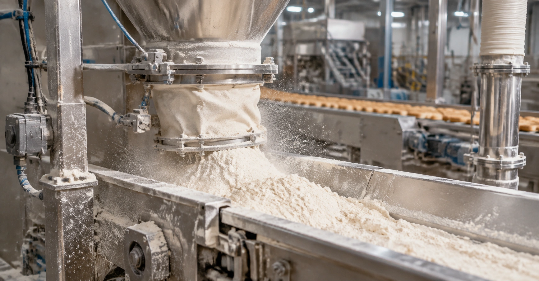 Flour dust accumulation around transfer point in biscuit plant